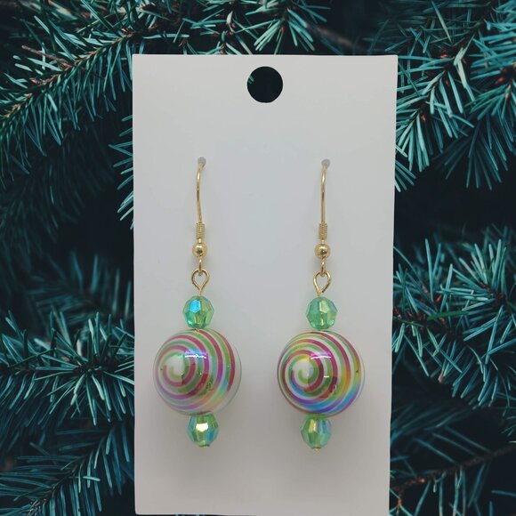 Handcrafted Jewelry - Red and Green Spiral Christmas Ball Earrings with Green Accent Beads